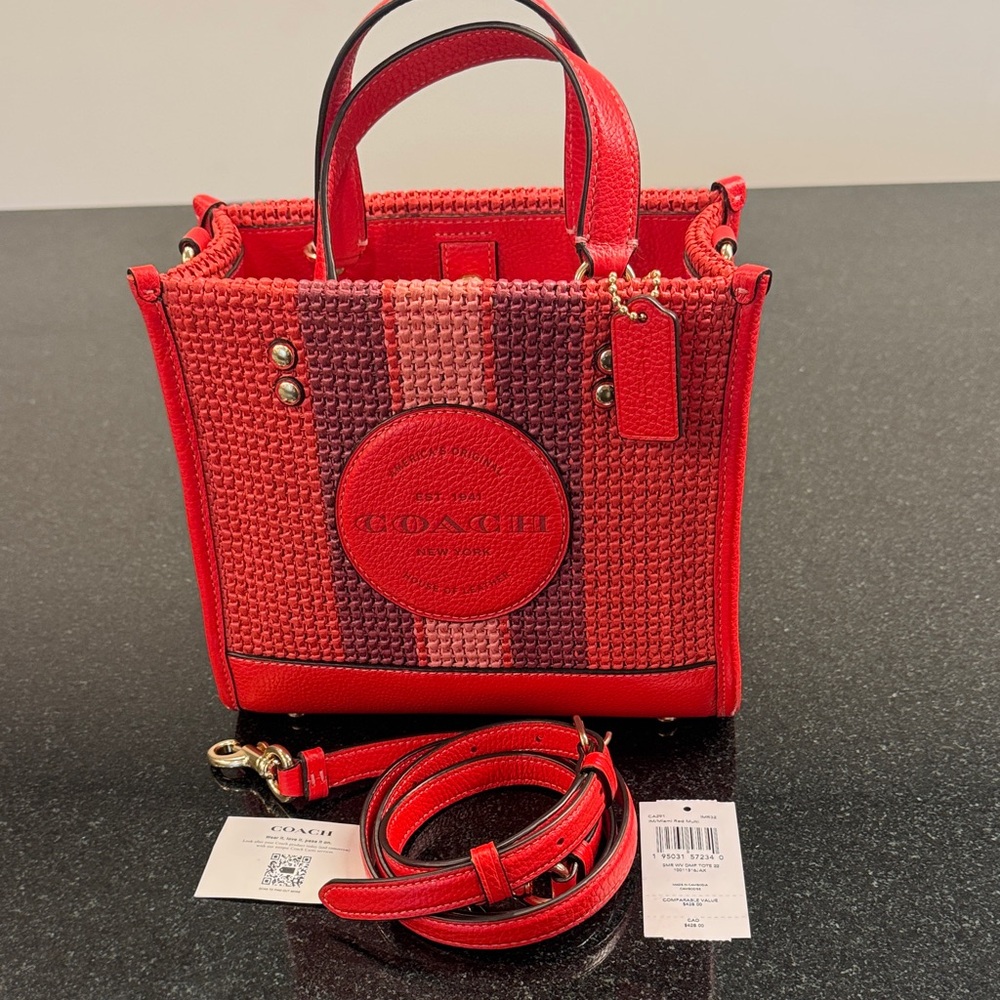 Coach Dempsey Tote 22 in Miami Red Multi Straw Woven Tote